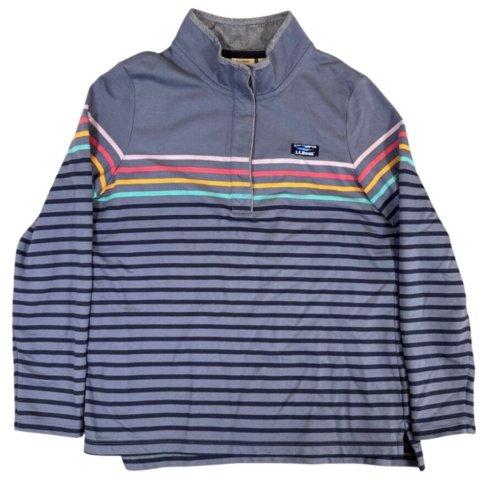 LL Bean Womens Large Blue Multi Color Striped Quarter Button Pullover Mock Neck